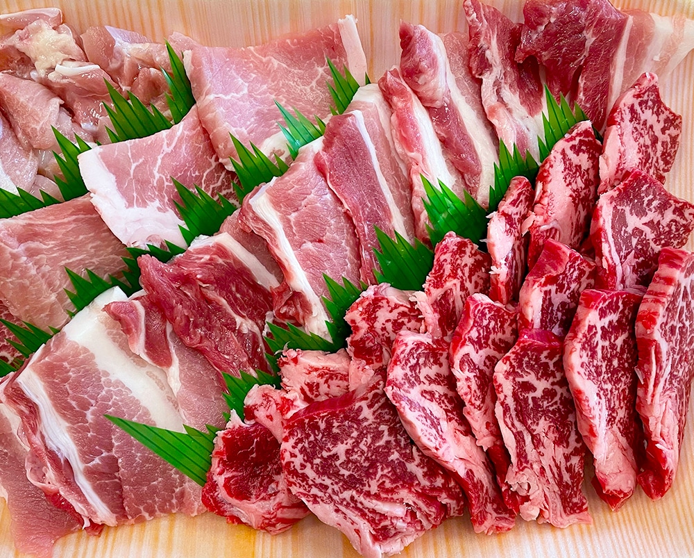 国産焼肉セット国産牛肉の牛バラ、国産豚バラ、国産豚肩ロース、国産若鶏モモ肉 計480g